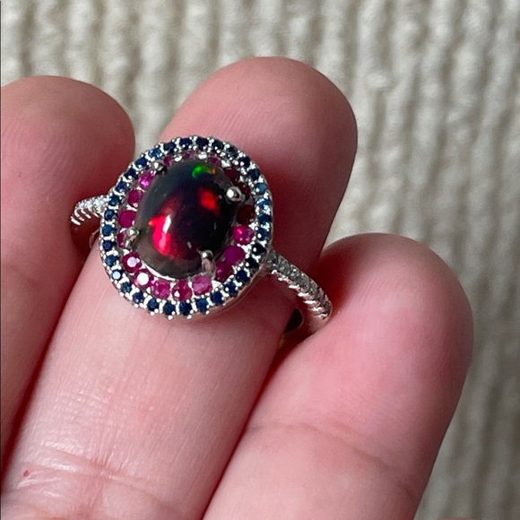 unbranded Jewelry - Black Opal, Ruby & Sapphire Ring in 925 Sterling Silver Size 6 CZ Accent